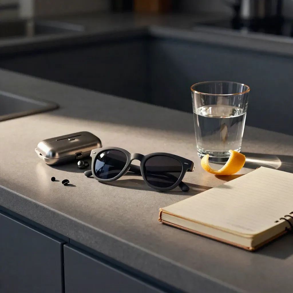 Overhead kitchen still life with sunglasses, earplugs case, water glass, citrus peel, and a notebook