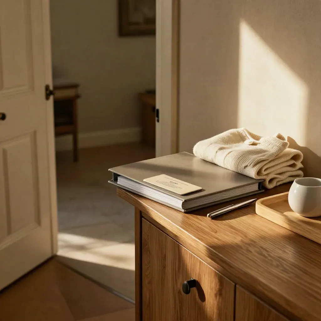 Entry table with checklist folder, card sleeve, pen and folded cardigan by a doorway