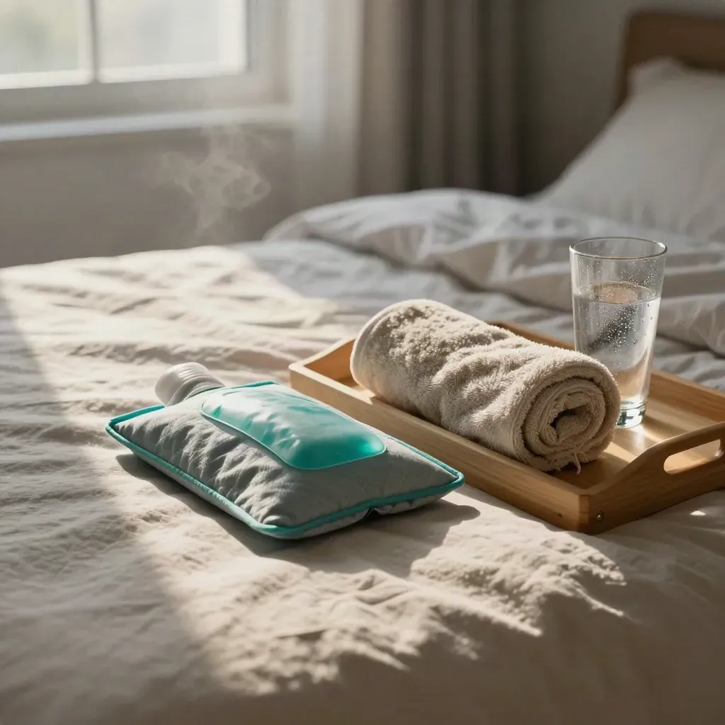 Bedside recovery kit with heat wrap, towel, ice pack, and water glass in dawn light.