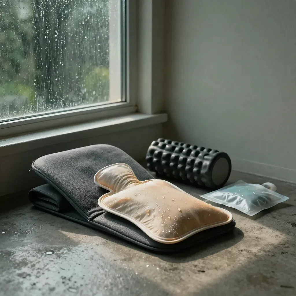 Rain-lit pain relief still life: lumbar cushion, heat pack, roller, cold pack, pill organizer.