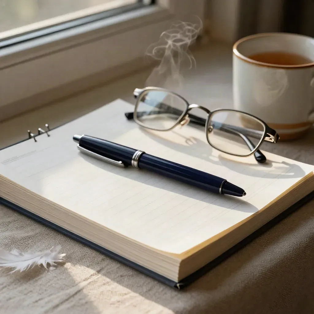 Close-up of tracker pages, pen, glasses, and a mug on a linen runner in warm window light.