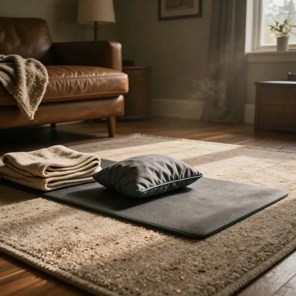 Living-room recovery corner with blanket, yoga mat, and hot-and-cold pack by a softly lit sofa.