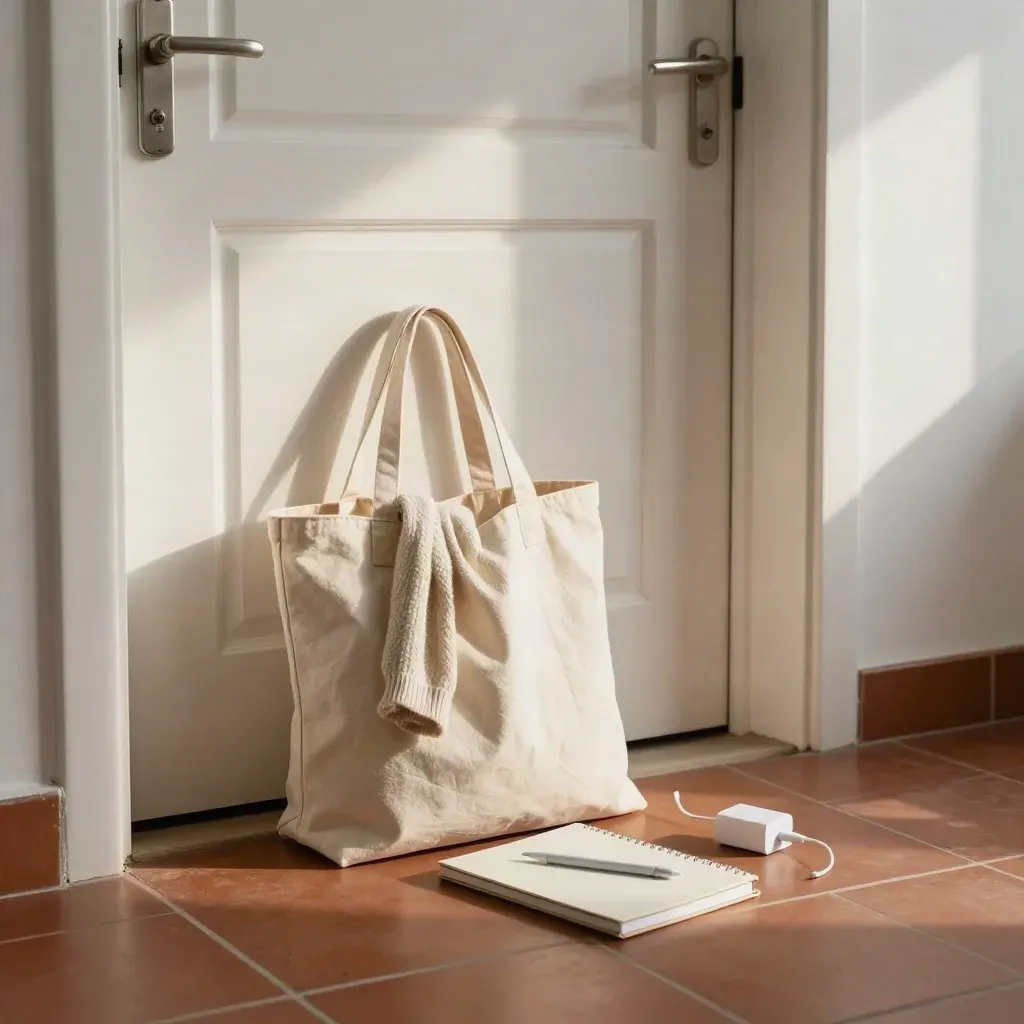 Packed caregiver tote, notebook, charger, and folded sweater waiting by a doorway.