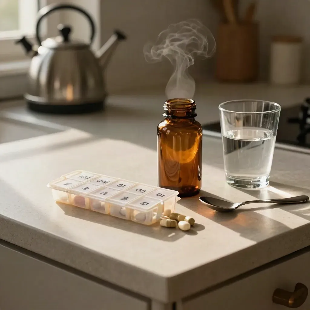 Amber pill bottle, organizer, water glass and spoon on a warm kitchen counter with kettle steam.