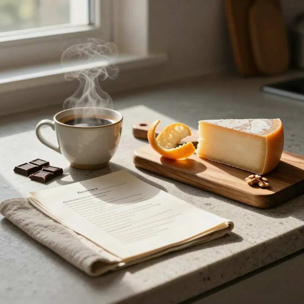 Breakfast still life with coffee, dark chocolate, citrus peel, aged cheese, and a face-down recipe card.