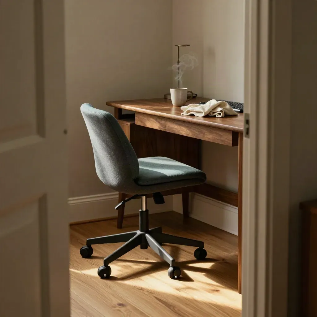 Desk corner with lumbar cushion, footrest, keyboard aside, and steaming mug in warm light