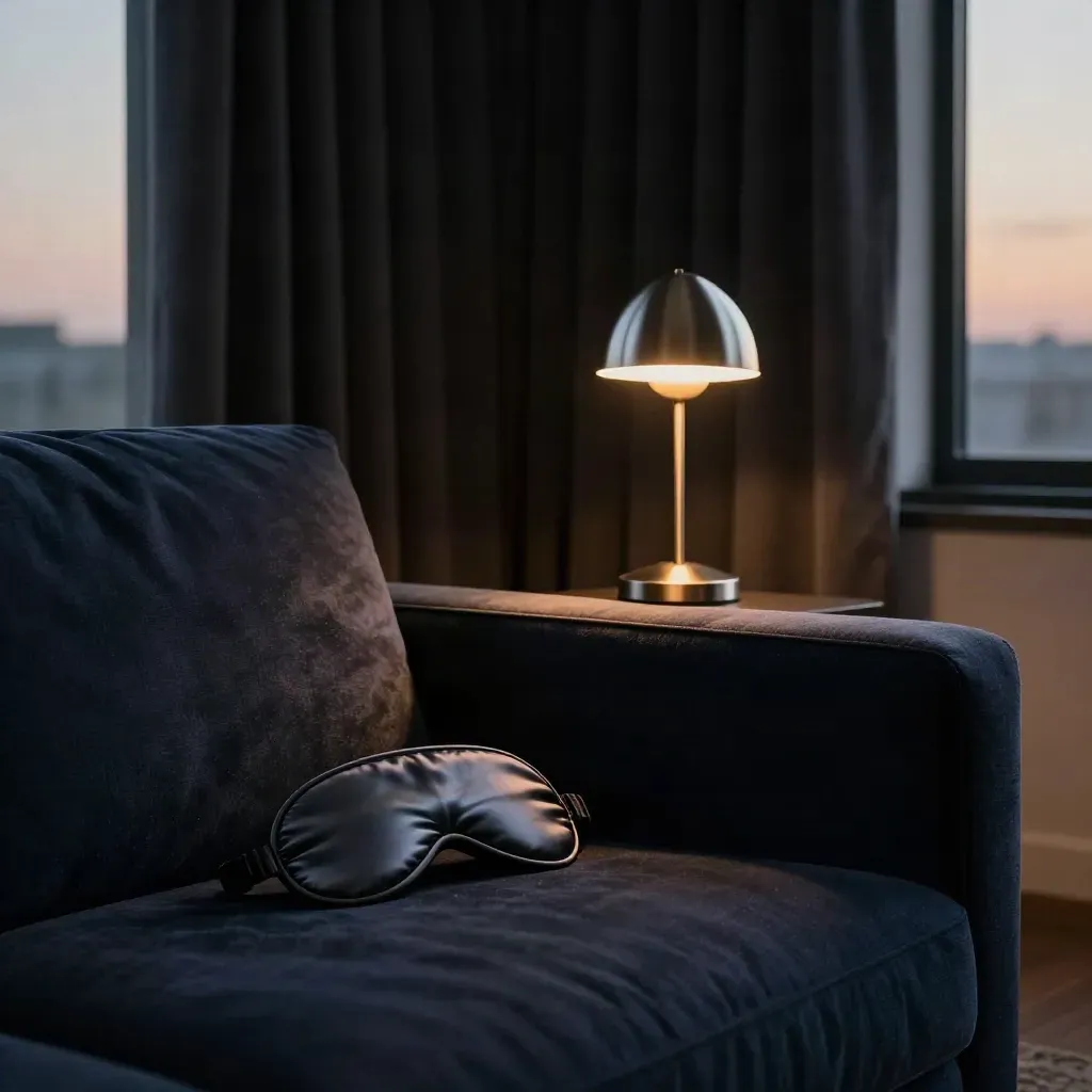 Dusk living room with blackout curtains, dim lamp, angled screen, and an eye mask on a navy sofa.