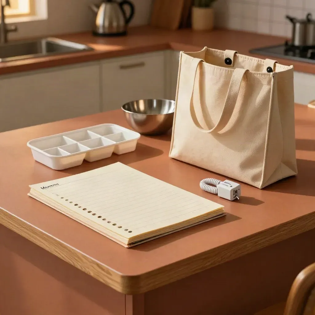 Caregiver notes pack on a kitchen island with folder, tray, charger, and tote bag.