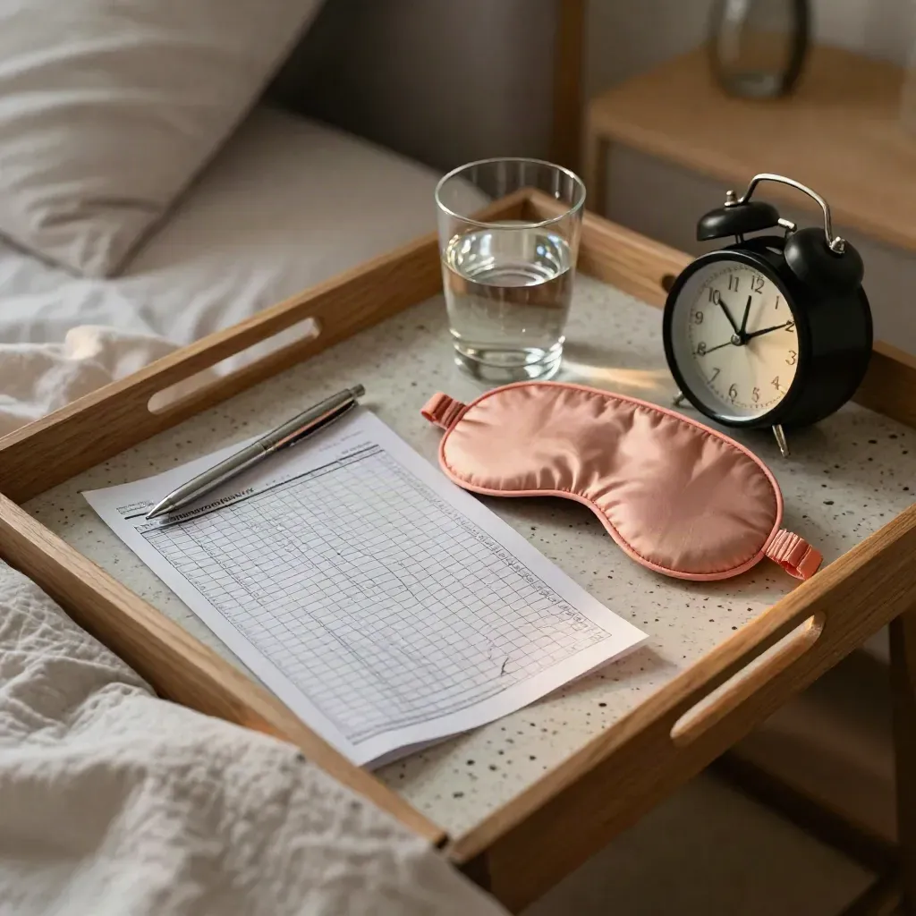 Bedside pain tracker kit with pages, sleep mask, water glass, clock, and pen at dawn