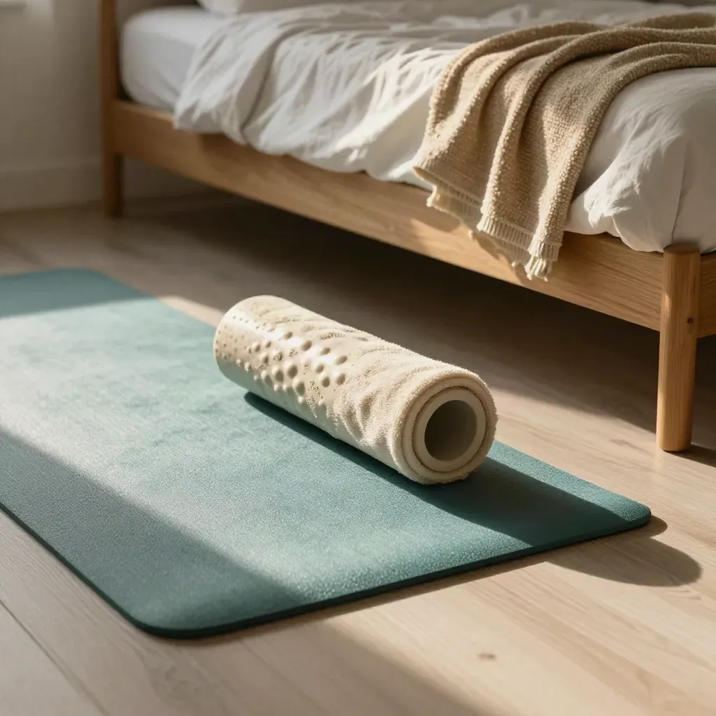 Foam roller, yoga mat, towel and blanket on a sunlit bedroom floor beside an unmade bed.