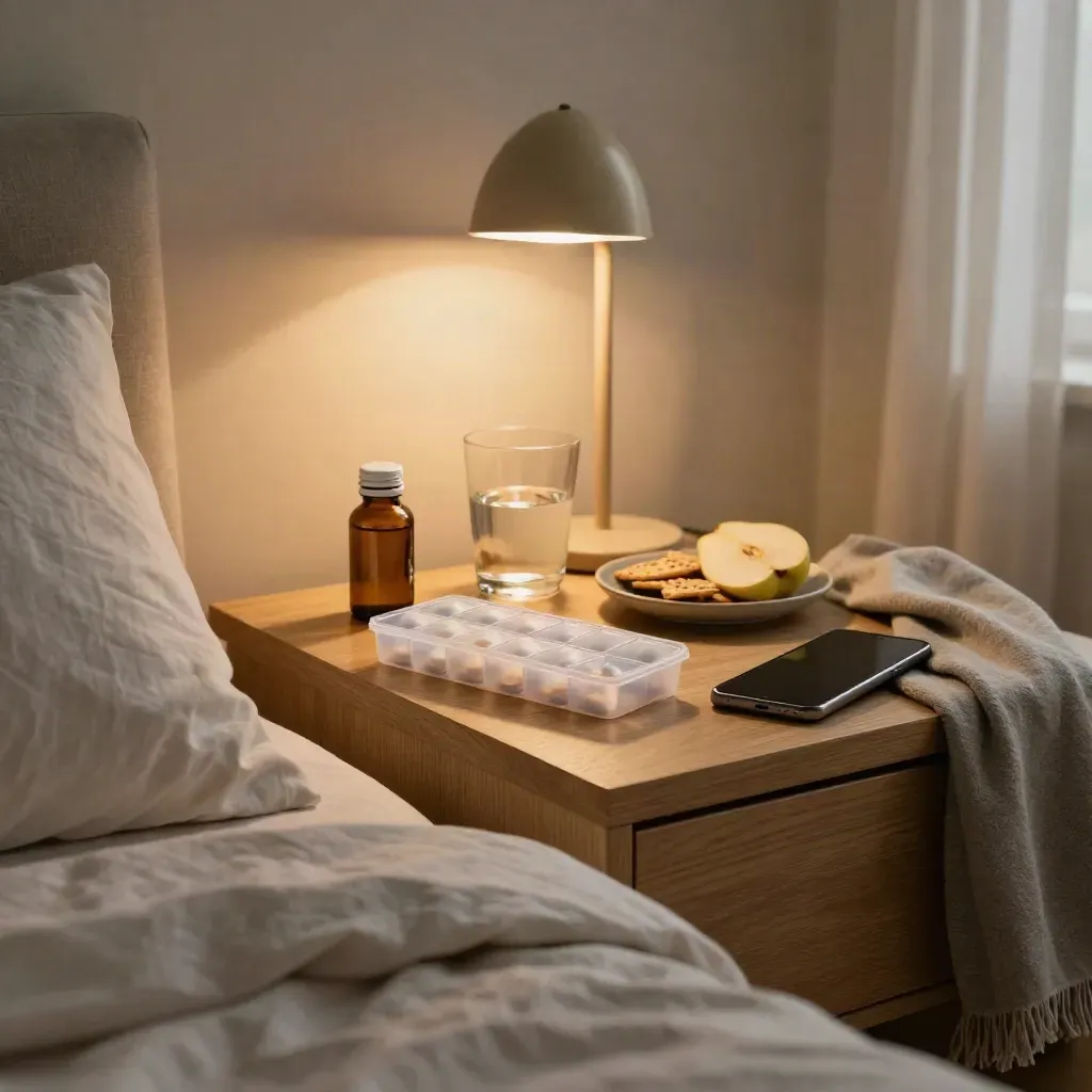 Bedside med routine with pill organizer, water, crackers and a dark phone beside a warm lamp.