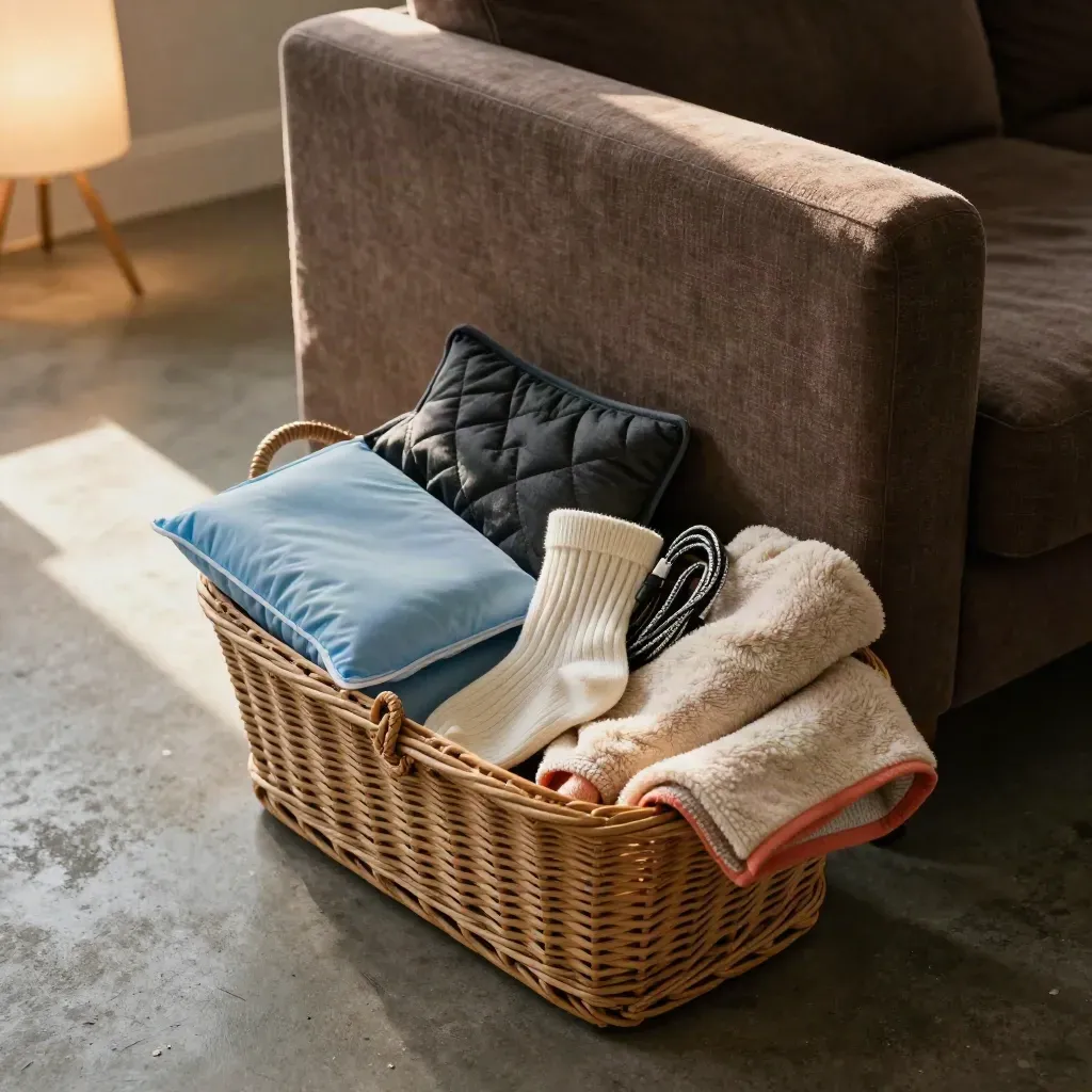 Emergency basket with ice pack, heating pad, socks, charger, and blanket beside a sofa