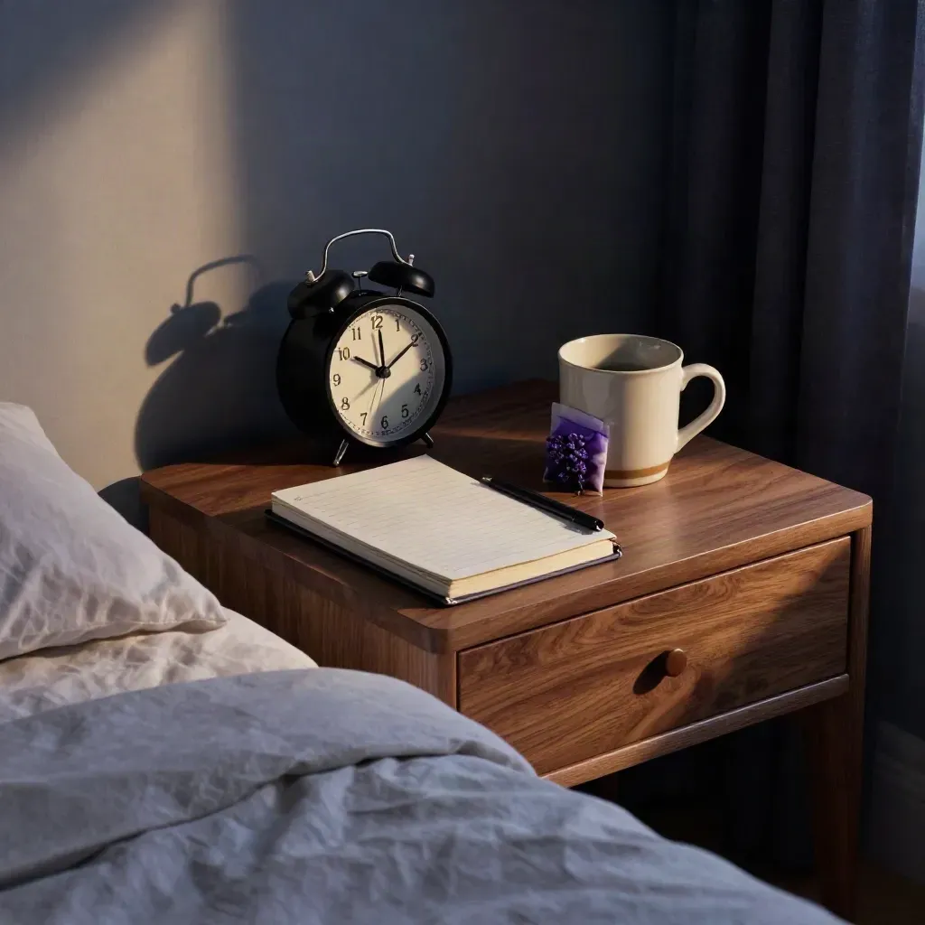 Bedside table with notebook, clock, mug, lavender sachet, and blackout curtain at midnight.