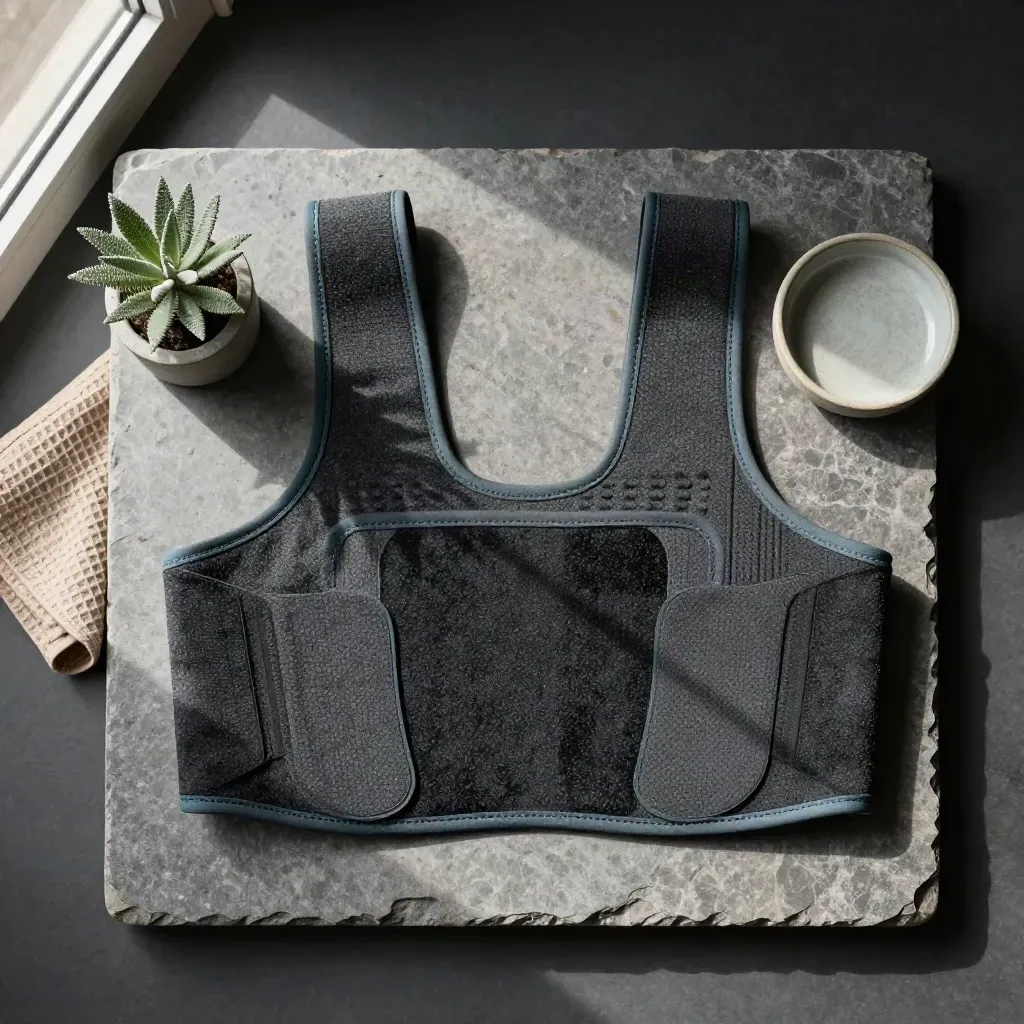 Lumbar support brace with cloth, plant, and ceramic dish on stone, top-down flatlay.
