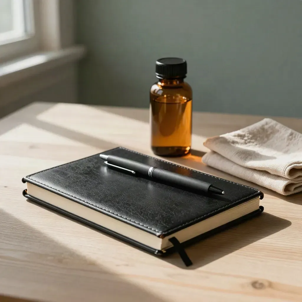 Black notebook, amber medicine bottle, pen, and folded cloth on pale wood
