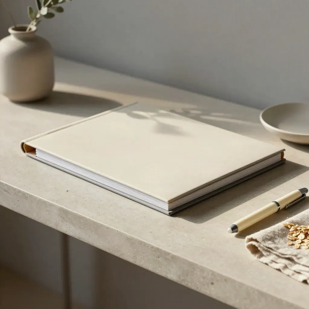 Closed tabbed folder with pen and ceramic dish on a pale console table in soft daylight.